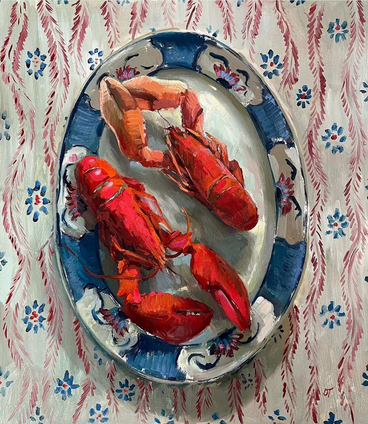 Phoebe red fabric painted by Ollie Tuck art Charlotte Gaisford