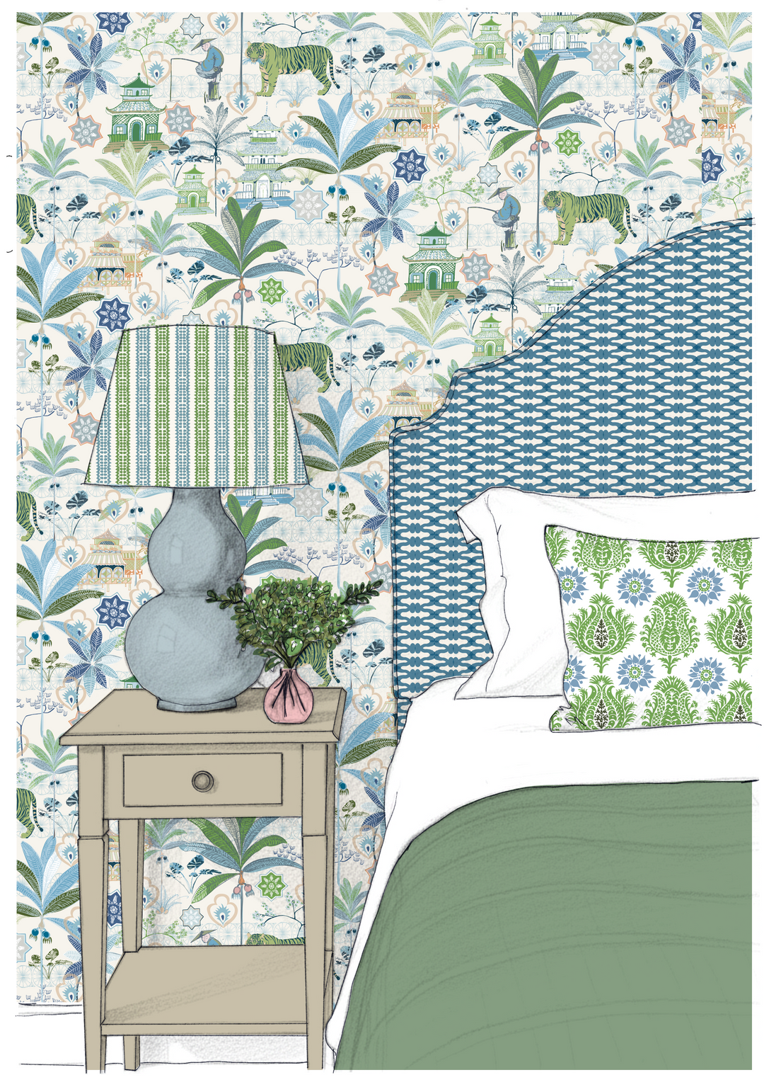 Tiger green wallpaper bedroom