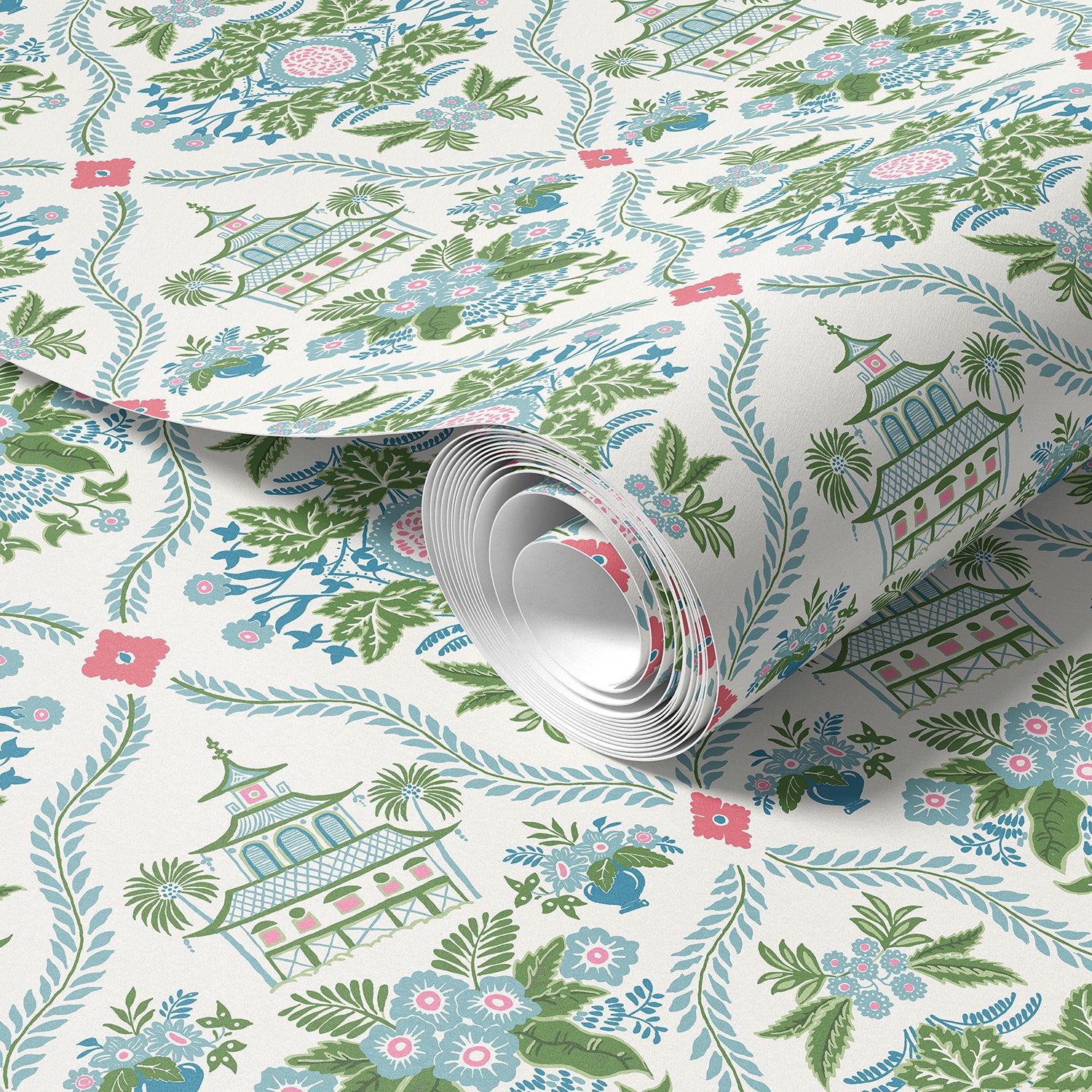 AUBERGE BIG CHARLOTTE Ecru×Green Alice Green Oriental Floral Trellis Designer Wallpaper | Charlotte