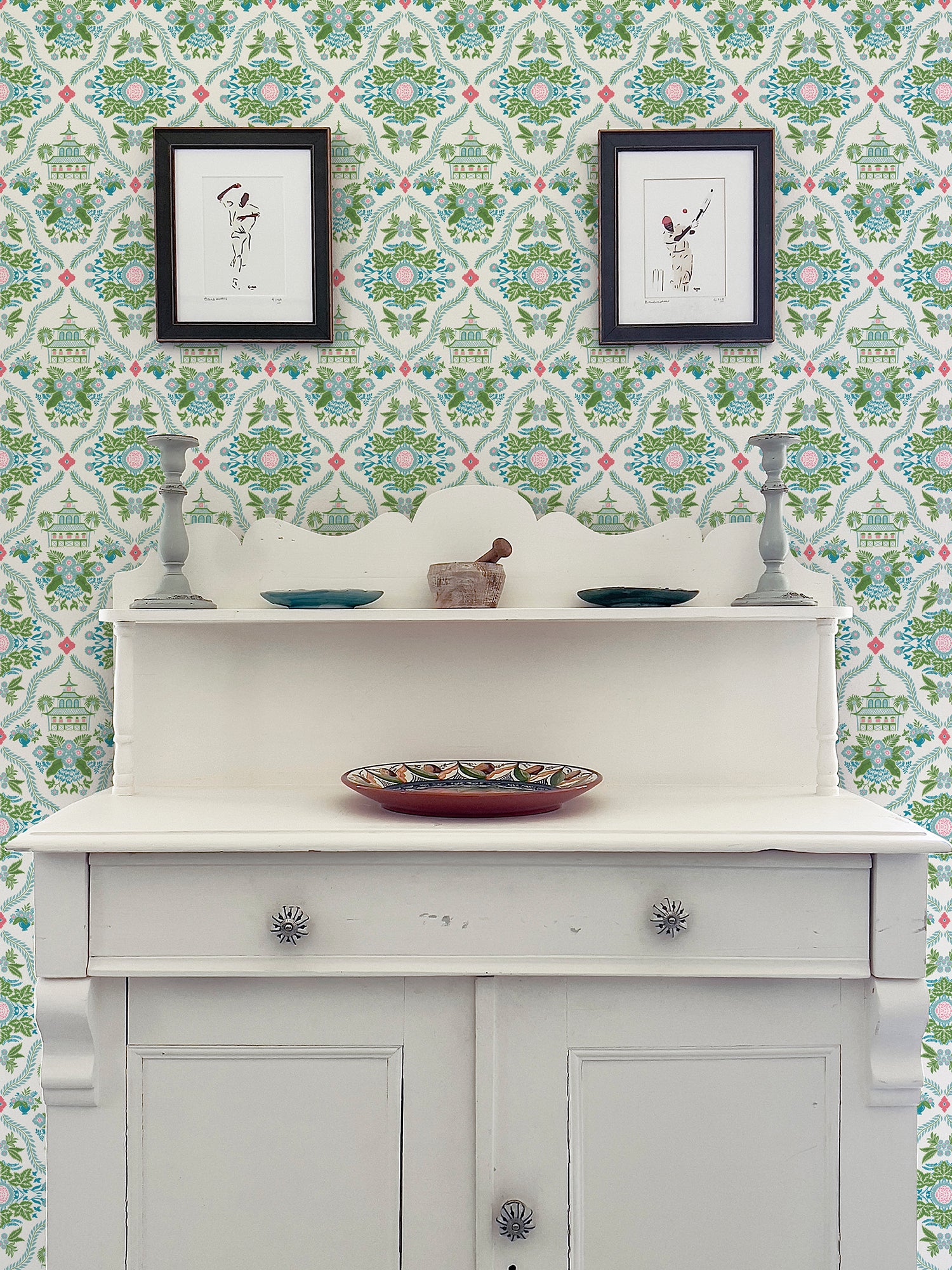Alice Green Oriental Floral Trellis Designer Wallpaper | Charlotte